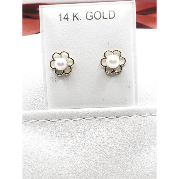 Flower Pearl Baby / Toddler / Kids Earrings Safety Screw Back - 14k Gold - Picture 2 of 11